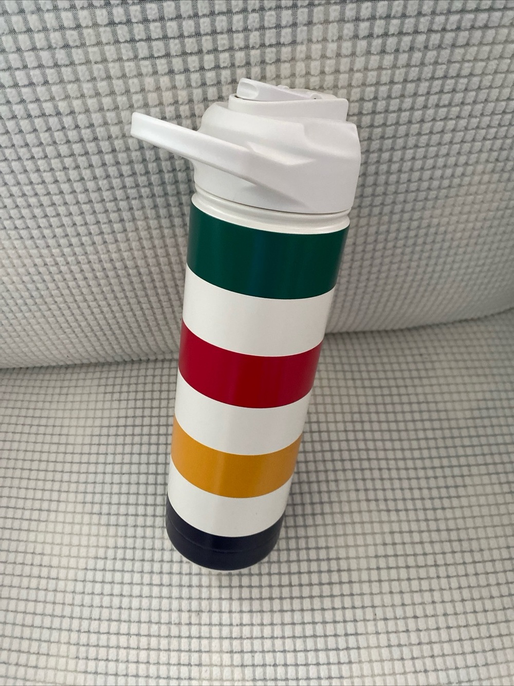 Striped Insulated Bottle with White Flip Lid - White, Green, Red, Yellow, Navy